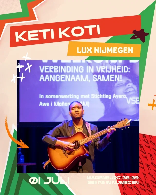 Op 1 juli komen we samen voor een avond vol muziek, film, verhalen, eten en ontmoeting ✨

In samenwerking met Stichting SAAM vieren, herdenken en onderzoeken we tijdens Keti Koti het thema 'Wij zijn de komma. Voel jij je thuis?!' Een avond over verbondenheid, identiteit en de vraag wat het betekent om ergens thuis te zijn.

We starten buiten met Ban Topa Keti Koti Day Nijmegen, met muziek, eten, ontmoeting en de mogelijkheid om een traditionele lensu te laten vouwen onder begeleiding van Roxanne Llewellyn. Daarna kijken we samen naar de documentaire Changá, gevolgd door een gesprek met hoogleraar Francio Guadeloupe, een van de makers van de film.

In de pauze zorgt muziekgroep Yena'ya voor swingende Afro-Curaçaose klanken. De avond wordt geopend door schrijver en spoken word-artiest Nadine Robertus, gepresenteerd door Leontine Vreeke en afgesloten door schrijver, singer-songwriter en theatermaker Xillan Macrooy 🙌

Kom luisteren, ontmoeten, vieren en herdenken.

📅 Di 1 juli
🕗 20.00 uur
🎟️ Tickets via lux-nijmegen.nl

Ontwerp: @rosh_studios