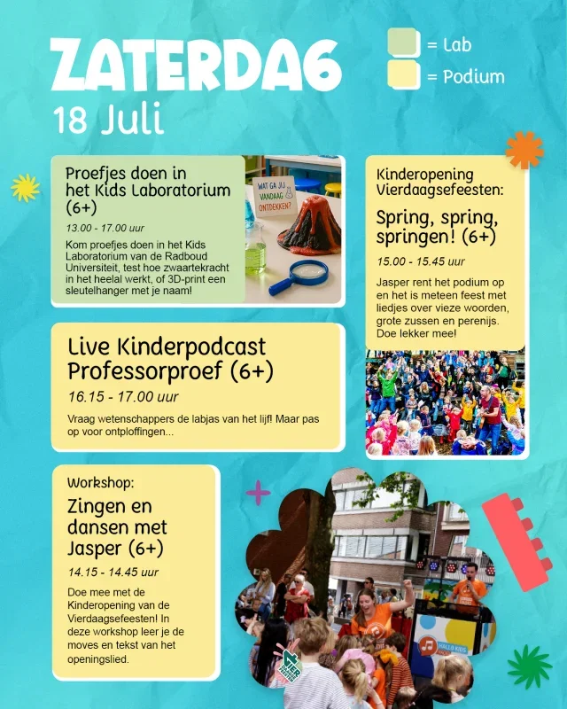 Nog maar een paar dagen en dan barst het los! 🎉

Van 18 t/m 23 juli vind je ons op het Mariënburgplein tijdens de Vierdaagsefeesten. Samen met onze partners zorgen we voor een vol programma voor kids, jongeren en ouders. 

Kom luisteren naar verhalen, doe mee aan activiteiten, ontdek wetenschap en techniek, geniet van cultuur en laat je verrassen door alles wat er op het plein te beleven is. Er is elke dag iets nieuws te ontdekken.

📍 Mariënburgplein, Nijmegen
🗓️ 18 t/m 23 juli

Samen met @lifeportnl @gemeentenijmegen @radboudumc @han.nl @bibliotheekgelderlandzuid en alle betrokken partners maken we van het Mariënburgplein een bruisende plek vol educatie, onderzoek, cultuur, geschiedenis, sport, techniek en innovatie. 💚🧡

Bekijk hier het programma van dit weekend.

#Vierdaagsefeesten #Nijmegen #LUXNijmegen